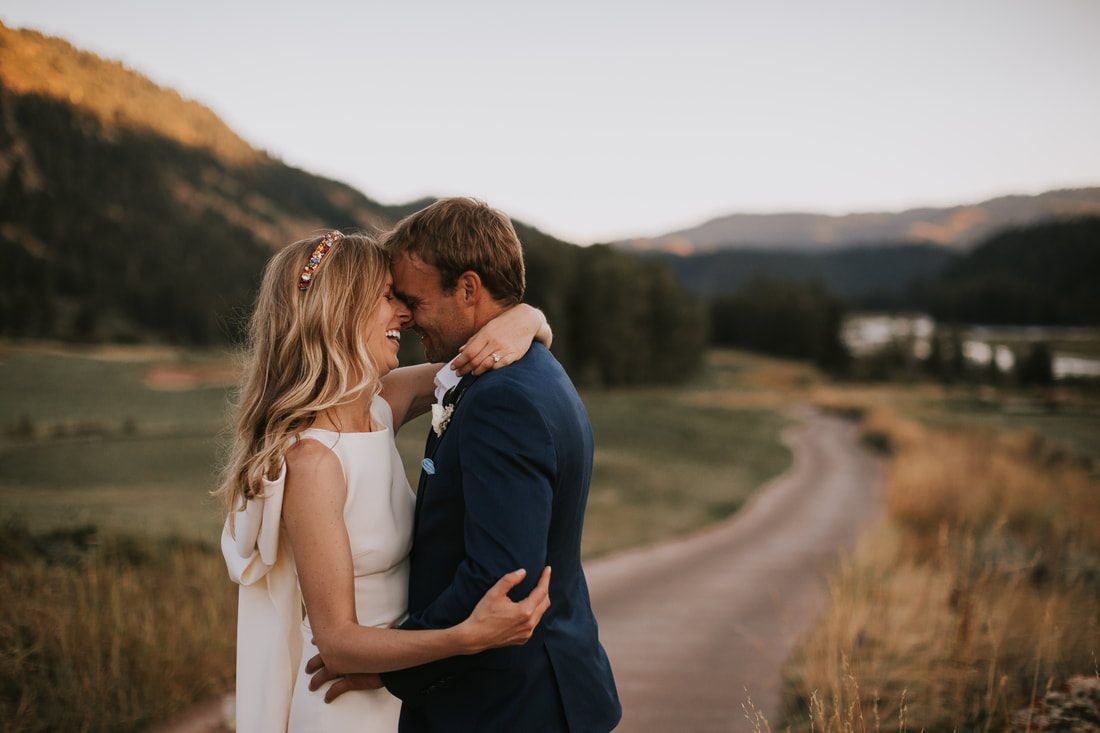 Bride and groom portrait with the Teton mountains in the background, Jackson Hole