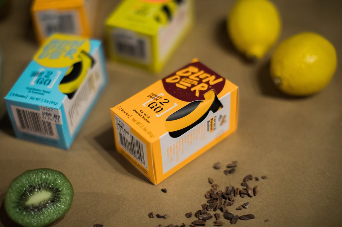 Product photography of Blender Bombs snack bombs styled for The Bomb Co. branding