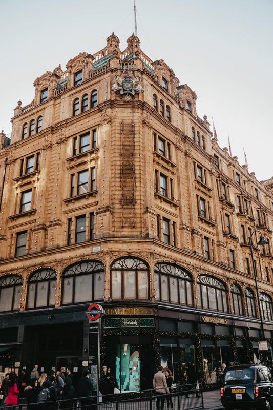 Evening street scene in London lit for the holidays