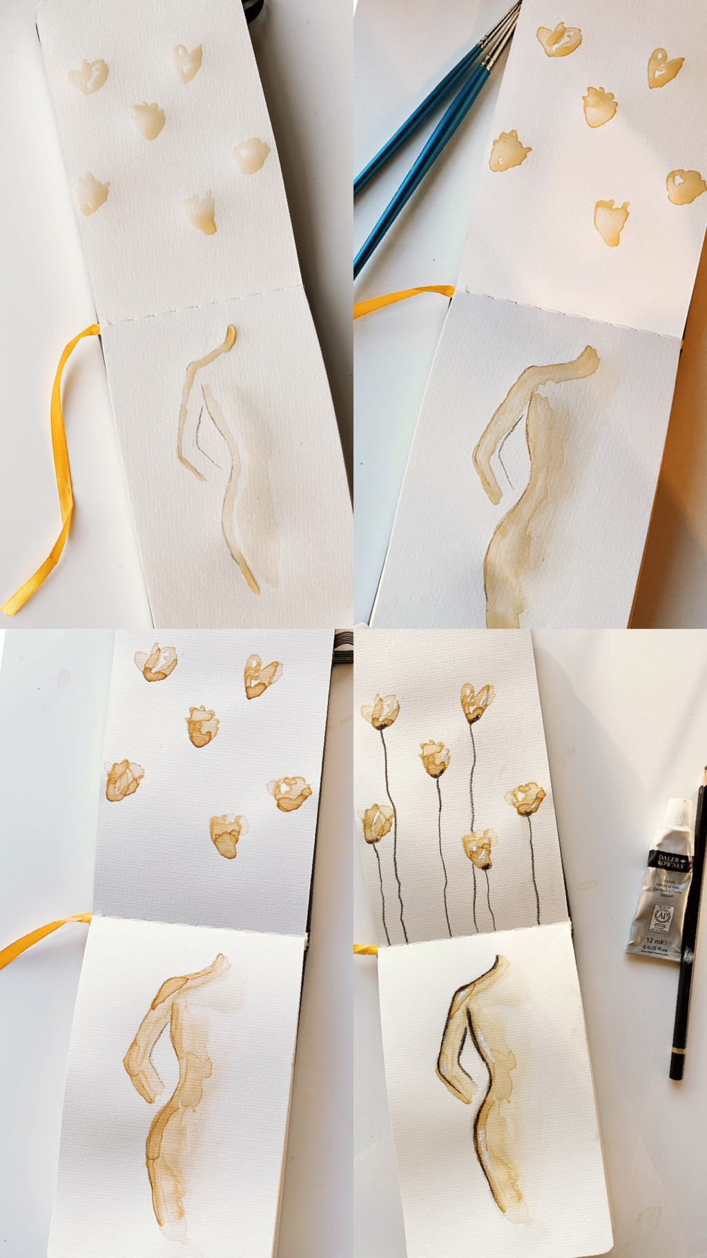 Layers of tea wash creating warm tones on paper