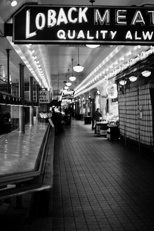 Deserted Seattle sidewalk and storefronts during the coronavirus shutdown.