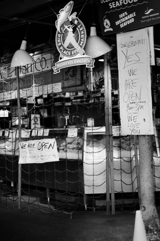Deserted Seattle sidewalk and storefronts during the coronavirus shutdown.