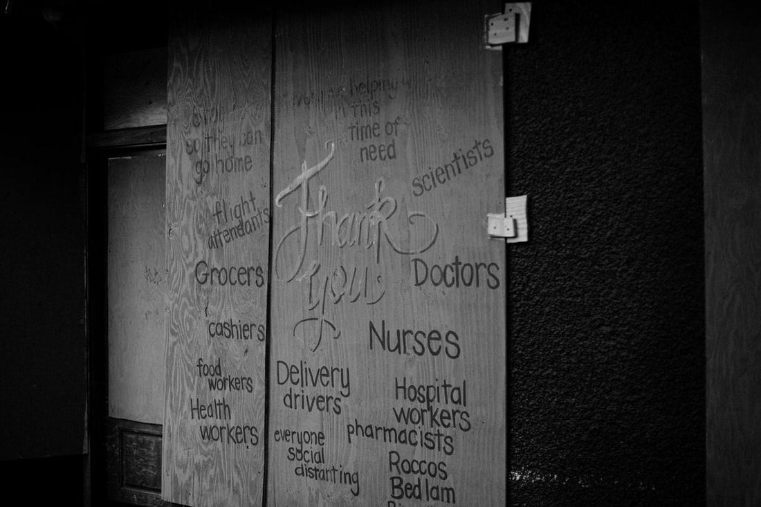 Deserted Seattle sidewalk and storefronts during the coronavirus shutdown.