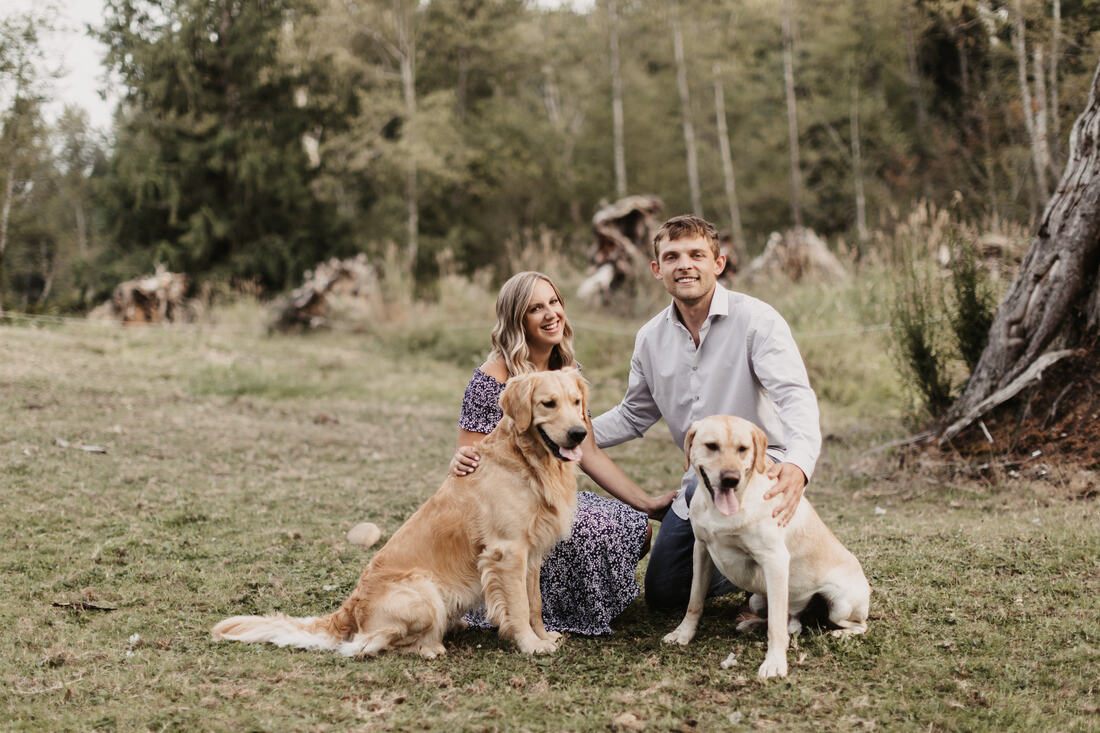 Engaged couple portrait among tall grass on the farm