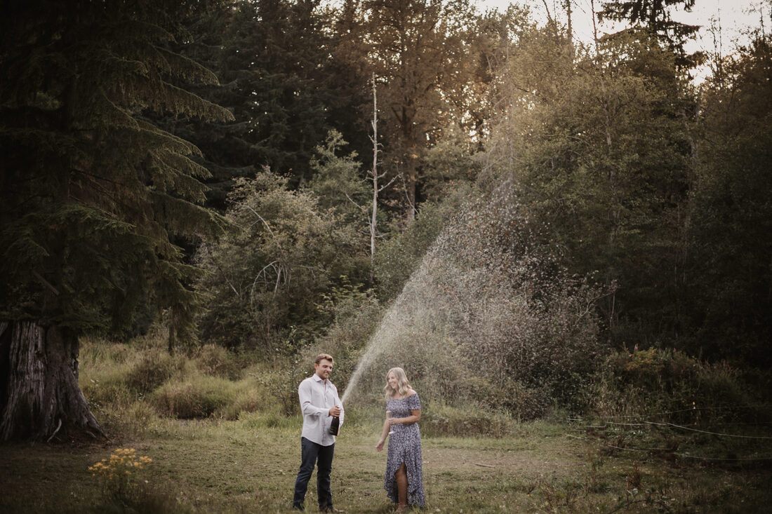 Engaged couple portrait lit by soft evening farm light