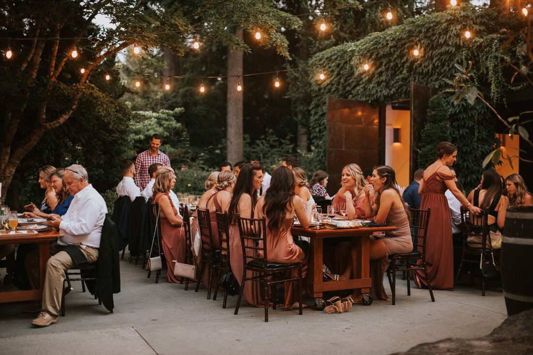 The bride and groom gathered for portraits among rows of grapevines