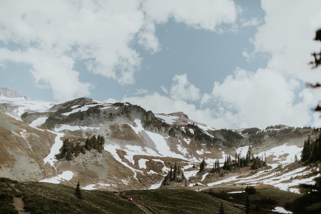 Glacier-streaked slopes of Mount Rainier under a blue summer sky
