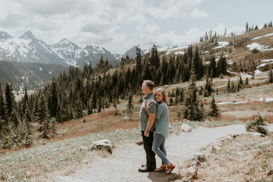 Portrait of the couple walking away down the mountain trail