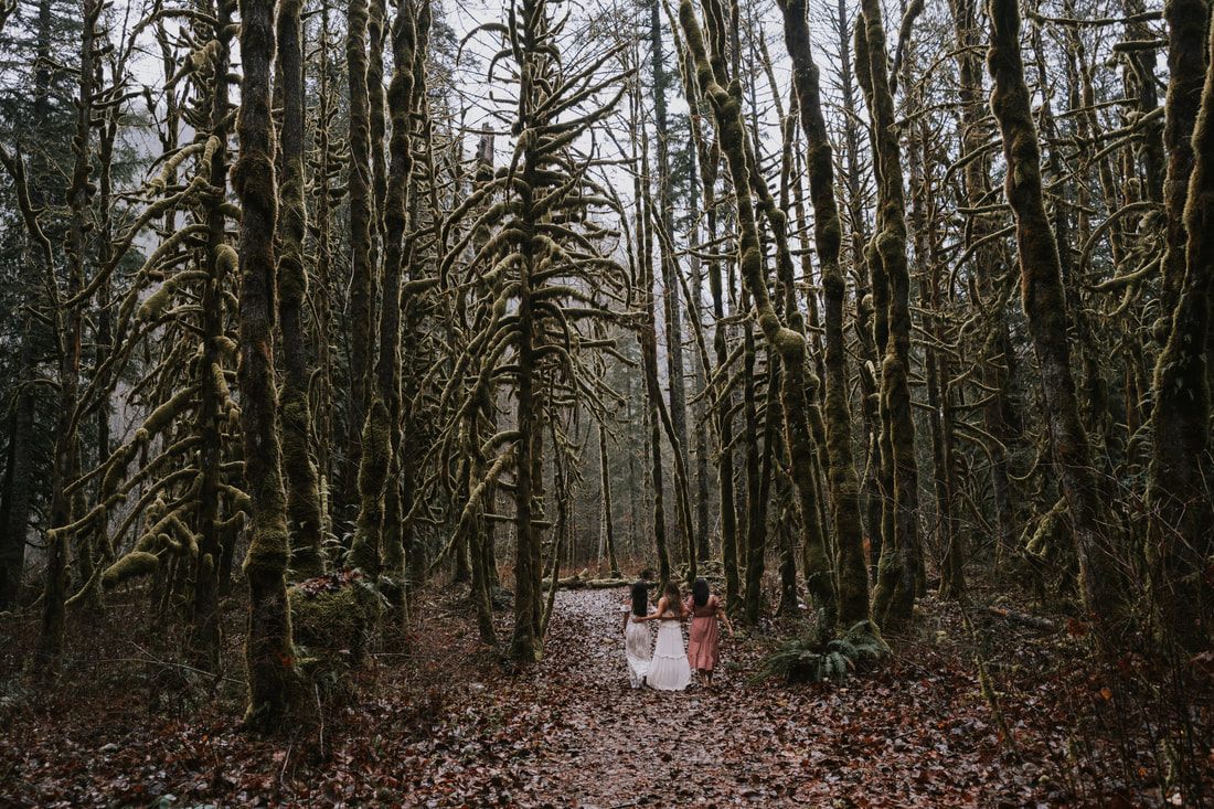Friends walking together through the forest near That PNW Cabin