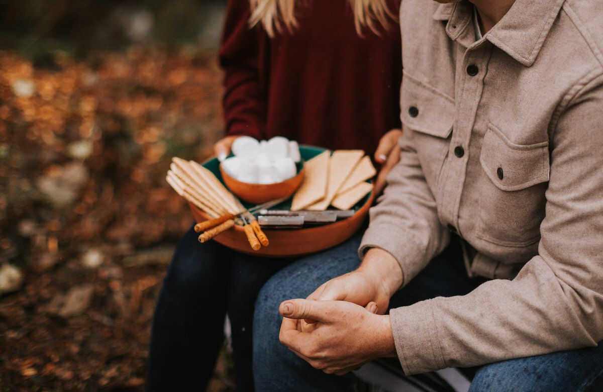 Couple sharing a quiet moment on the cabin couch