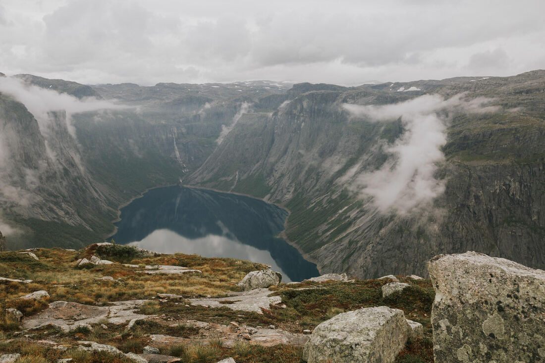 Panoramic view of the Norwegian fjords from high on the Trolltunga trail (another frame from the trip)