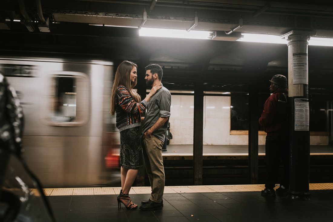 Close-up portrait of an engaged couple in New York City