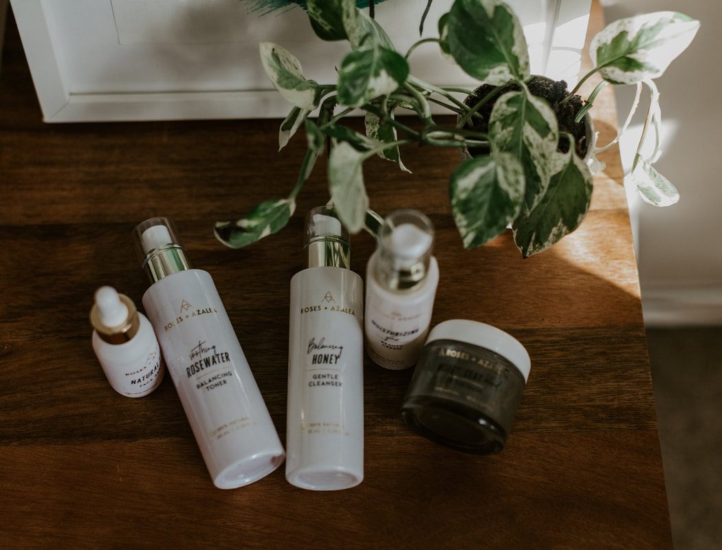 Final styled product shot of an organic, botanical Roses and Azalea skincare item.