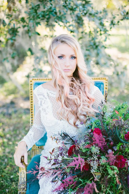 Bridal portrait featuring a flowing Modern Trousseau wedding dress outdoors