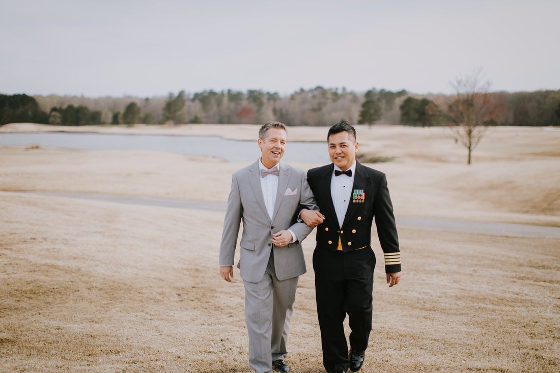 A close-up portrait of Fritz and Christopher on their wedding day.