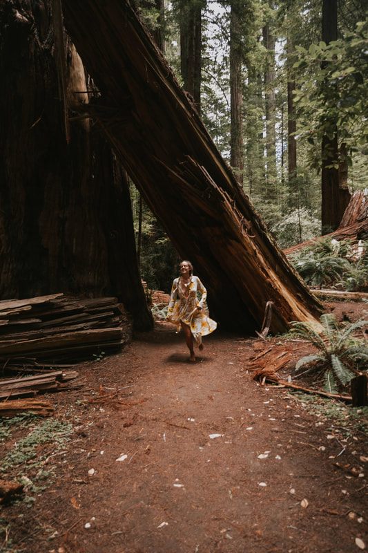 Woman walking a forest trail in a dress during a redwood hike photoshoot.