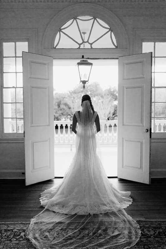 Close-up of Lauren's veil catching the breeze at the Lowndes Grove Plantation