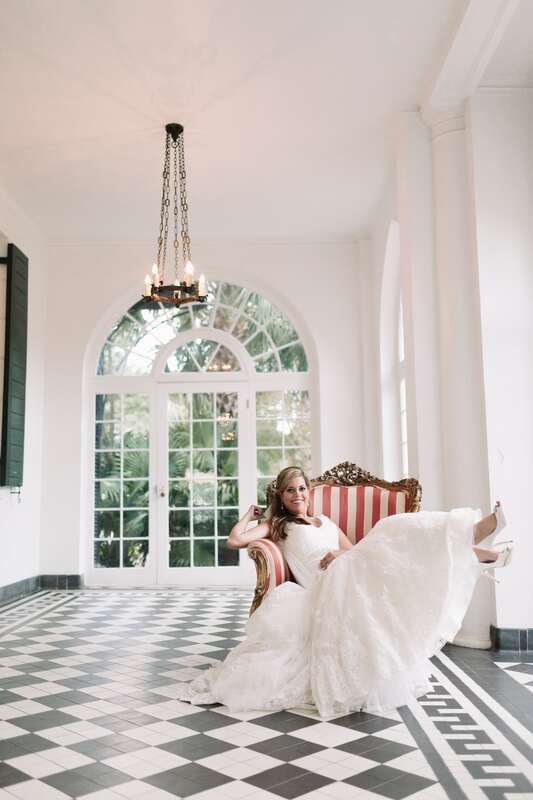 Bridal portrait of Lauren with the Charleston plantation grounds stretching behind her