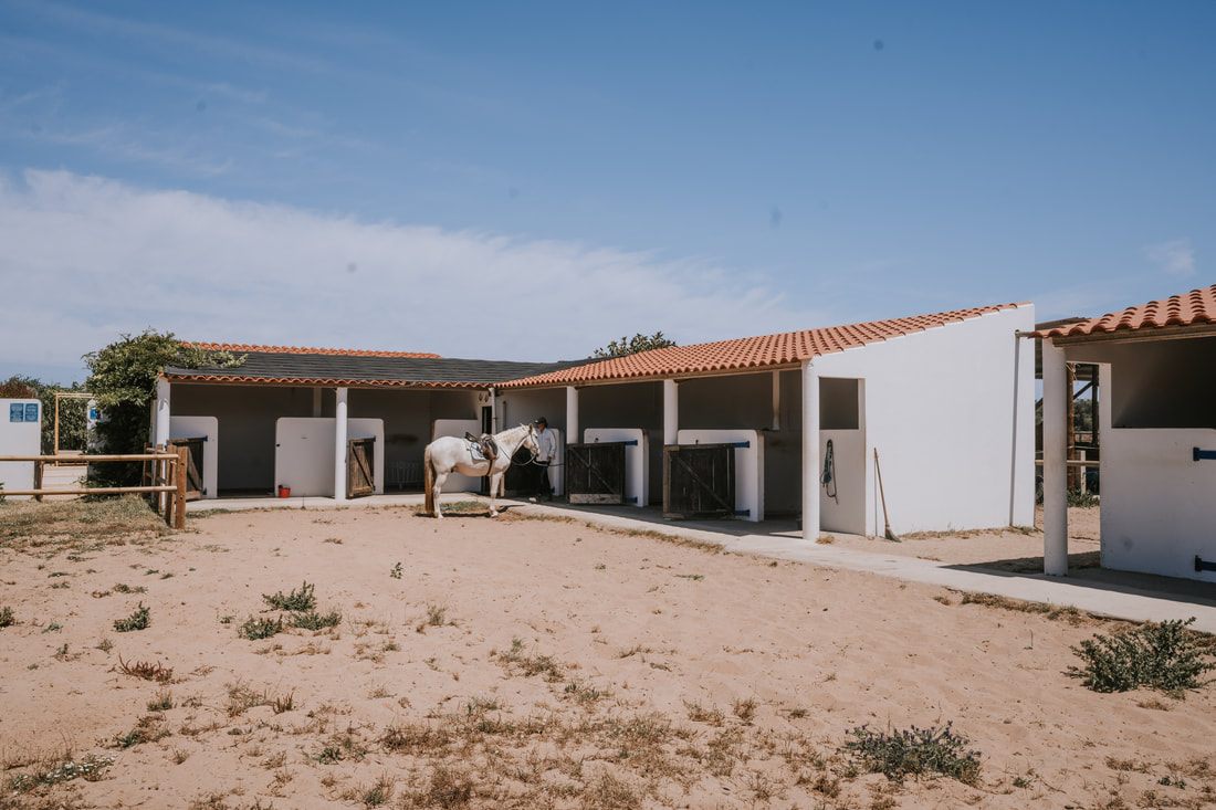 Whitewashed buildings with blue and yellow tile accents in Portugal