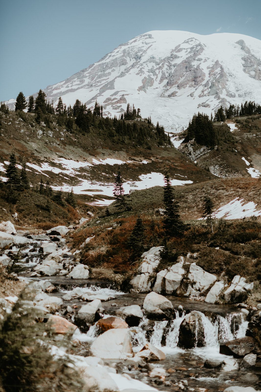 Candid laughing moment between the couple during their Mt. Rainier session