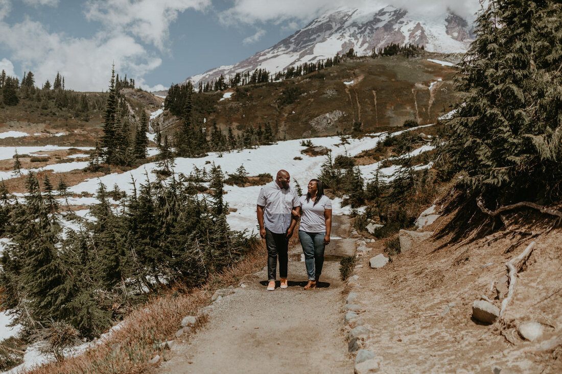 Close-up portrait of the couple laughing together on the mountainside