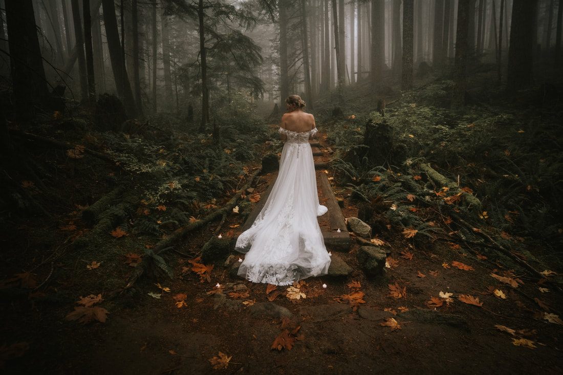 Tiana and Malik sharing a quiet moment in the foggy PNW forest.
