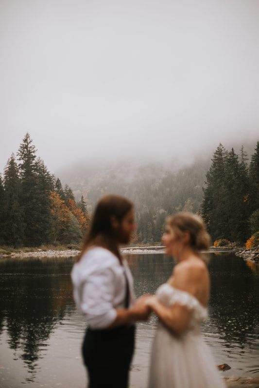 Silhouette of the couple walking through the foggy forest at dusk.