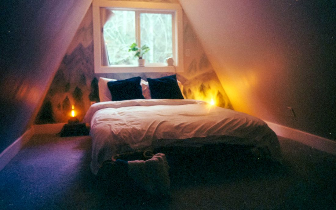 Cozy interior corner of the PNW cabin, shot on film