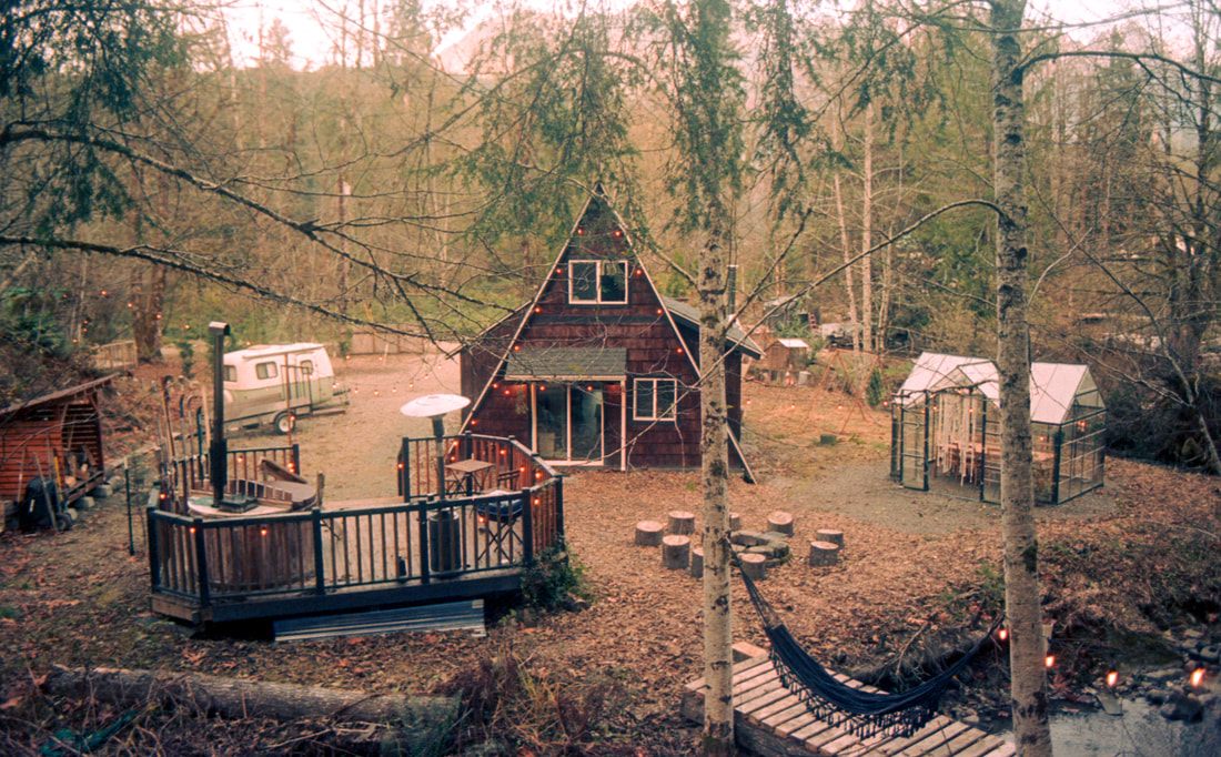 Cozy interior corner of the PNW cabin, shot on film