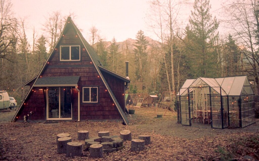 Film photograph of the PNW cabin exterior, shot by Lyndsey Hansen