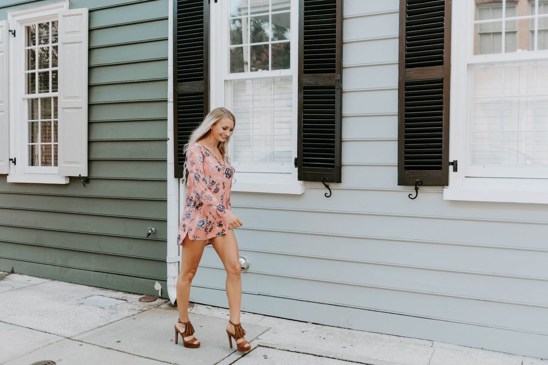 Model wearing a boho Free People outfit for social media content