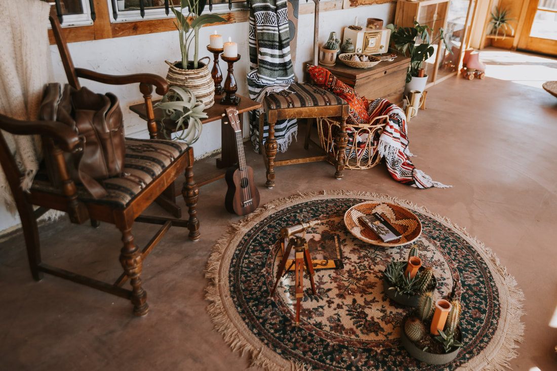 Close-up of studio tools and creative supplies at the desert property