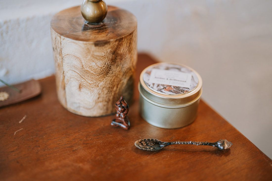 Close-up of studio tools and creative supplies at the desert property