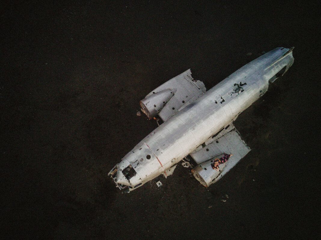 Aerial drone view of the Solheimasandur plane wreck maternity session