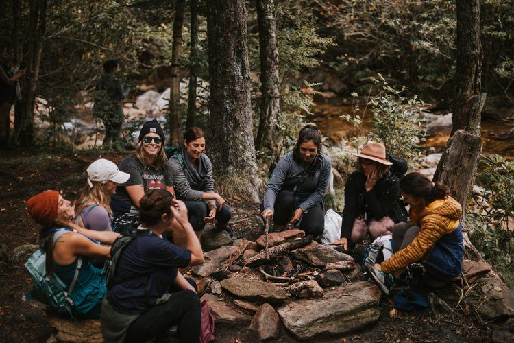 Asheville women's retreat group hiking in the Blue Ridge Mountains