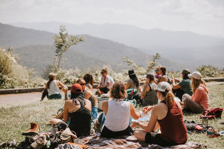 Asheville women's retreat group hiking in the Blue Ridge Mountains