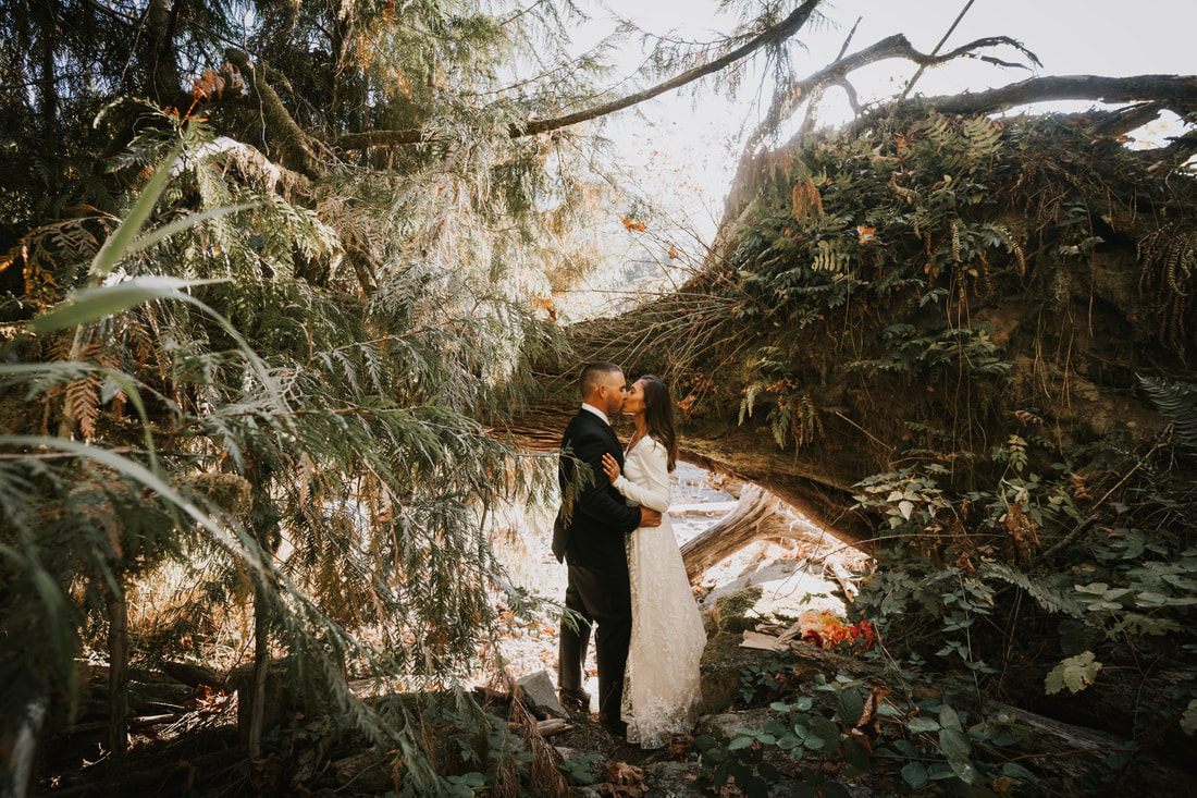 Krystal getting ready on the porch of That PNW Cabin before her elopement ceremony
