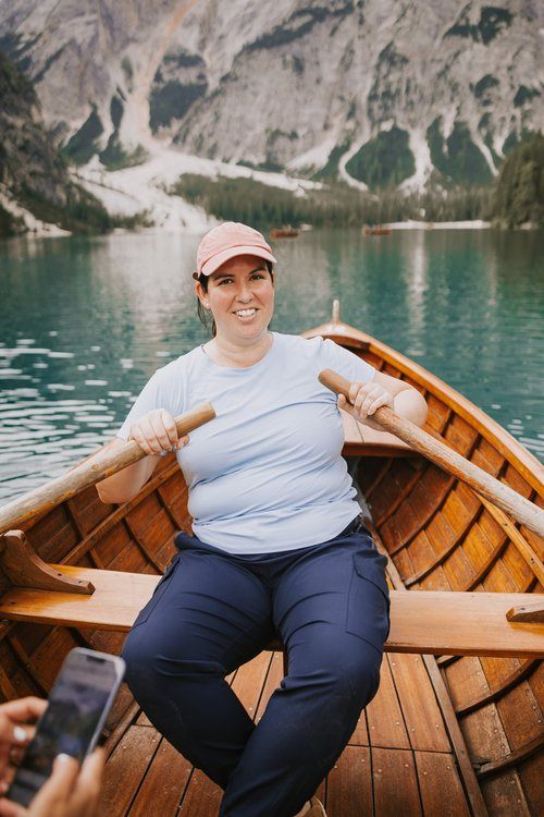 Canoe on Lago di Braies at sunrise