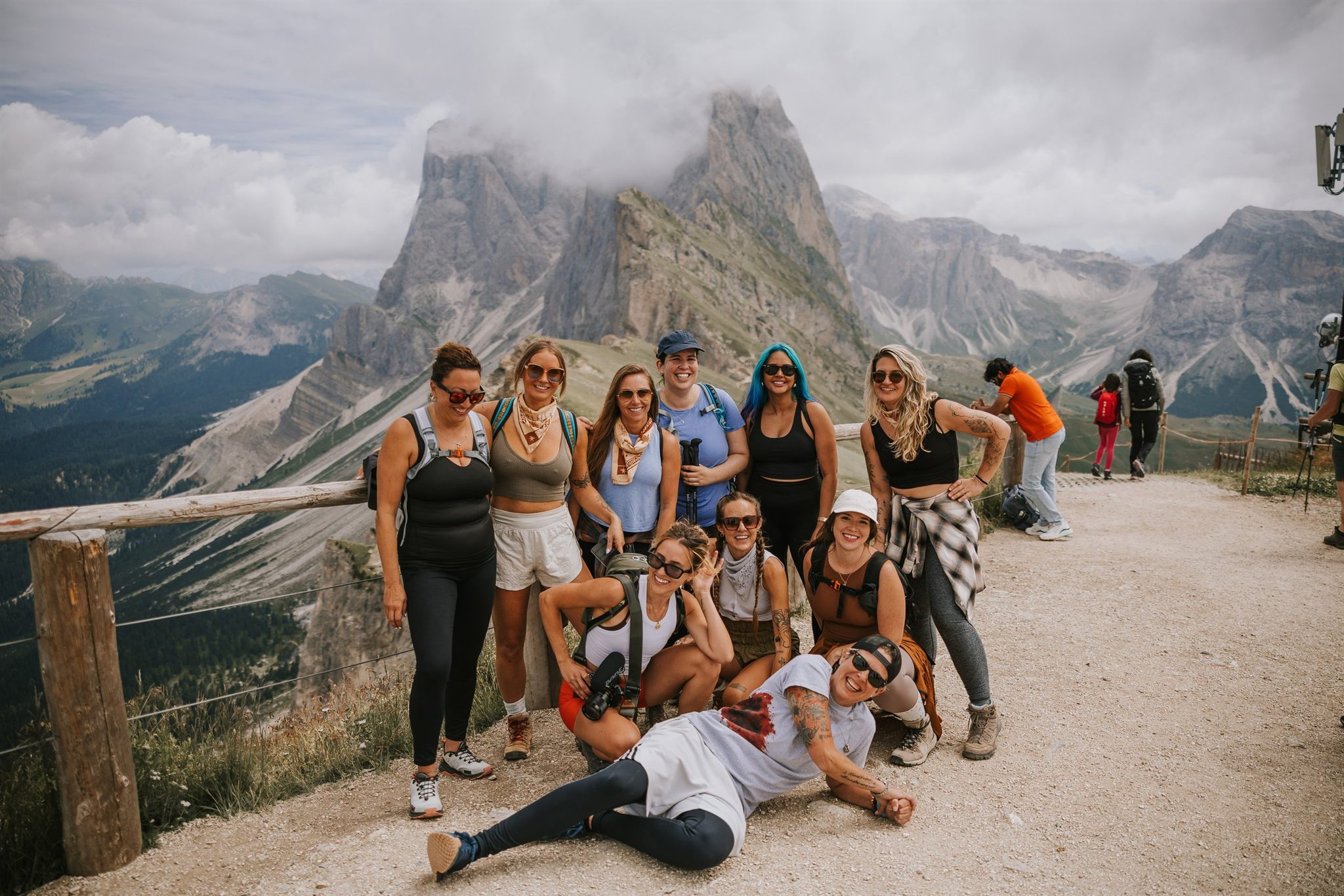 Group of women resting at a Dolomites hiking hut