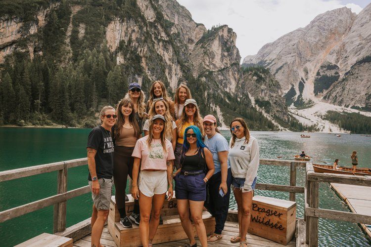 Dolomites women's retreat group hiking the Seceda ridgeline