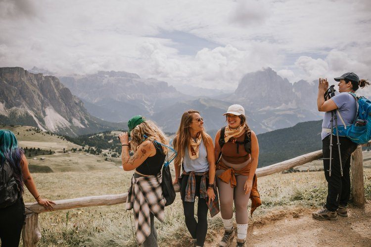 Dolomites women's retreat group hiking the Seceda ridgeline