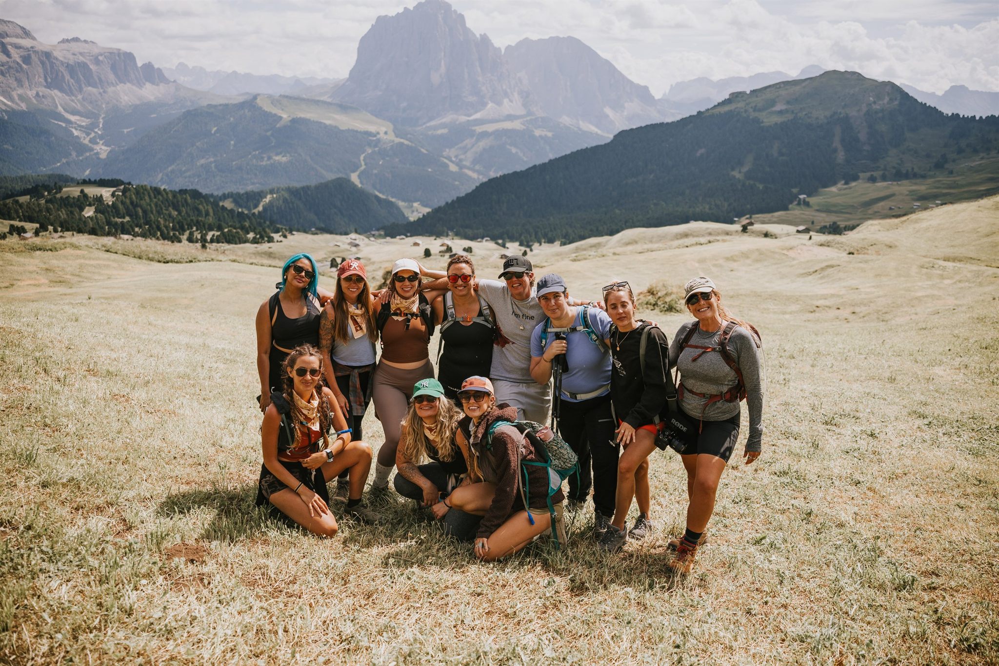 Dolomites women's retreat group hiking the Seceda ridgeline