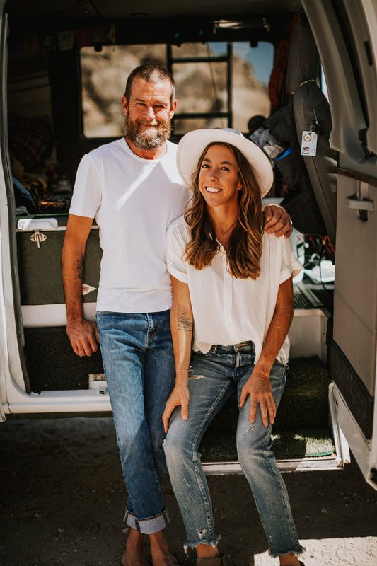 The couple's conversion van parked near the Joshua Tree rock formations, from later in the session