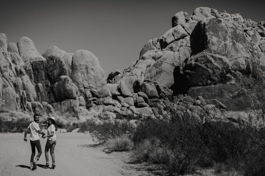 The couple walking hand in hand among Joshua trees at sunset, from later in the session