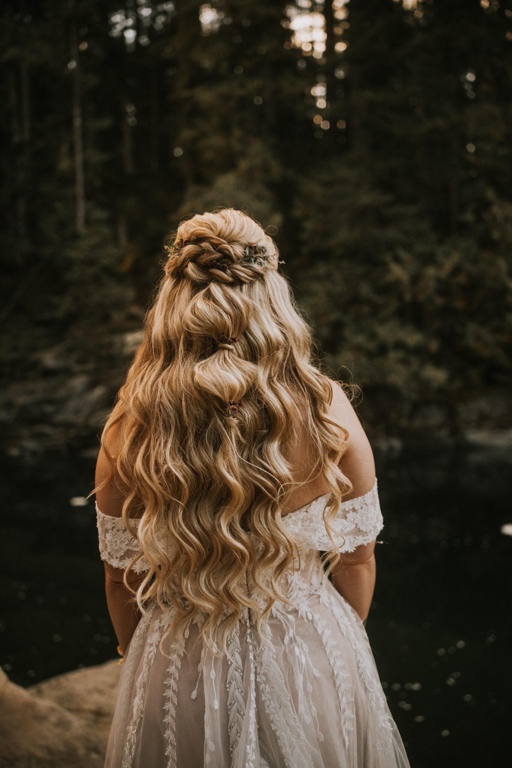 Justine from behind showing the lace back of her gown and her braided half-up hair