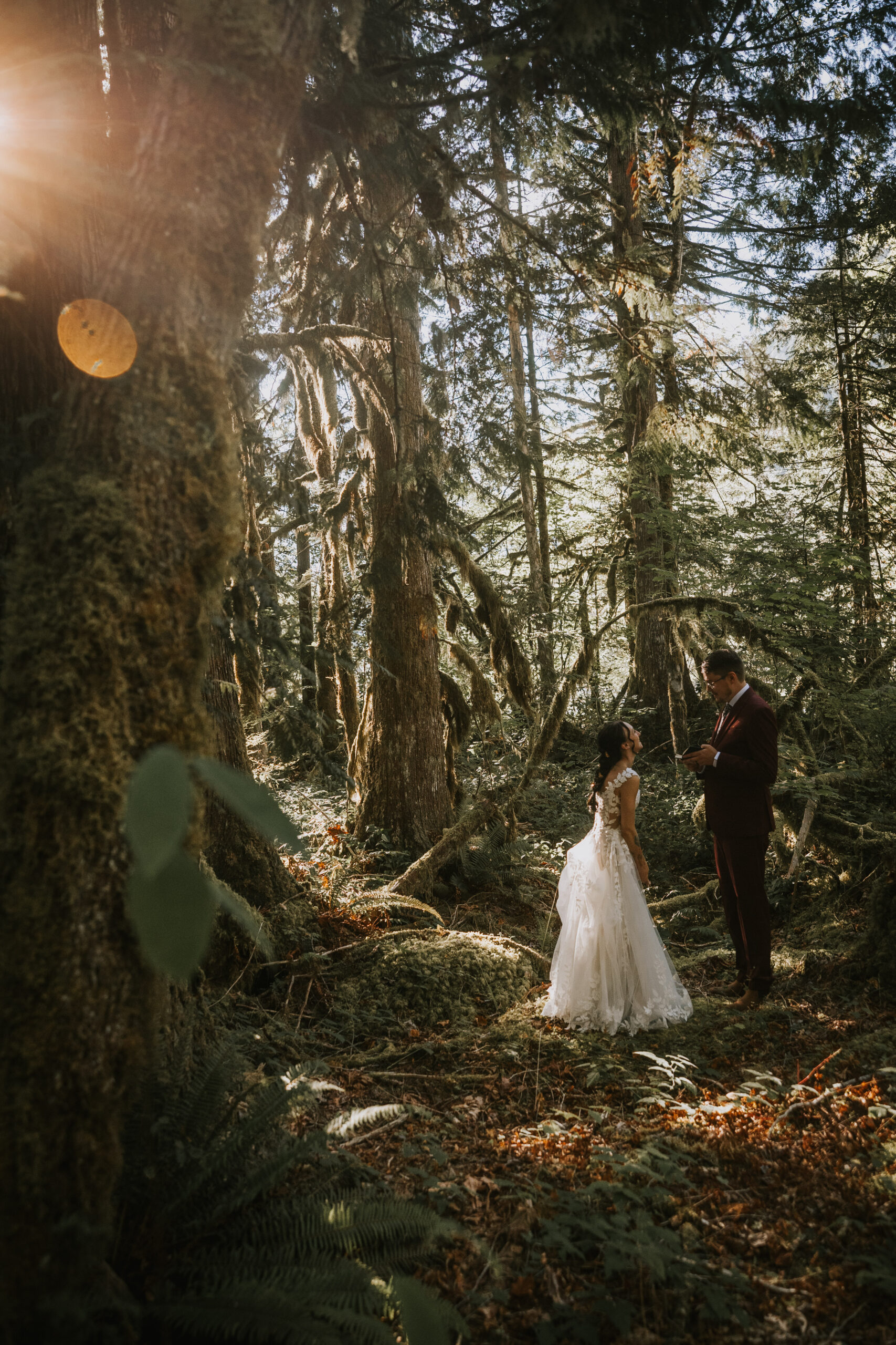 The couple standing together in sunlit old growth near That PNW Cabin