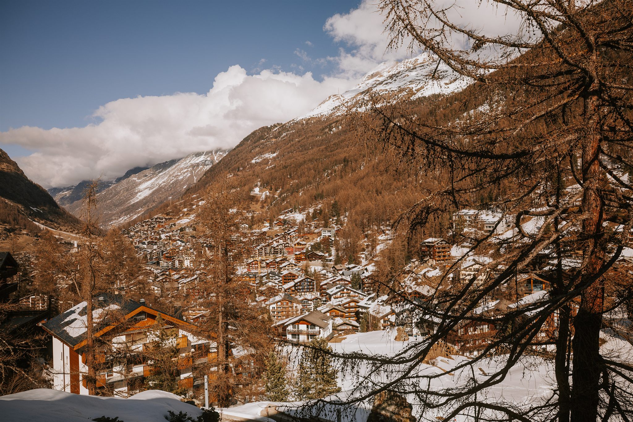 Walking through the village of Zermatt in the snow