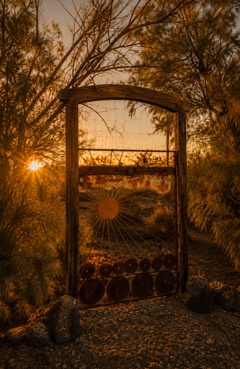 The handmade gate at That Desert Space with the sun setting through the desert scrub behind it