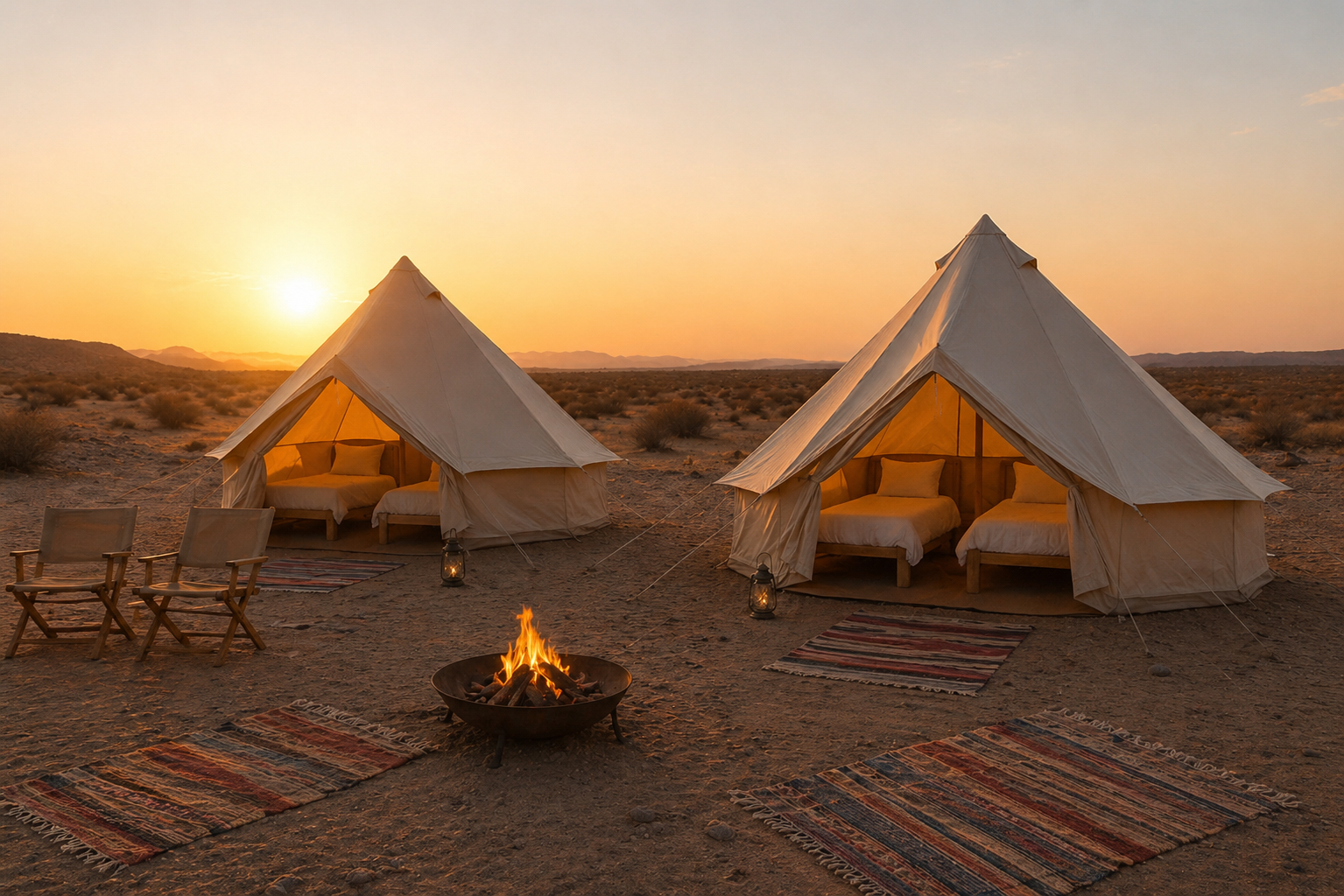 Two canvas bell tents and a fire pit on open desert at sunrise, with rugs and chairs set out