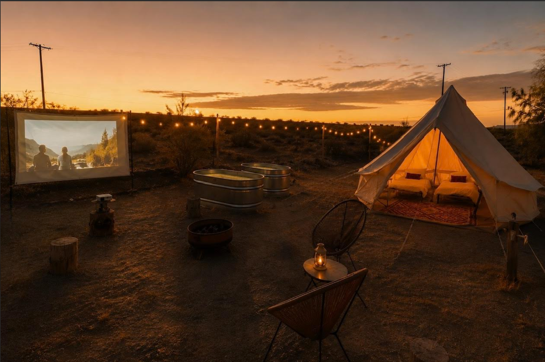 Outdoor movie screen, cowboy tubs, a bell tent and a fire pit under string lights at That Desert Space